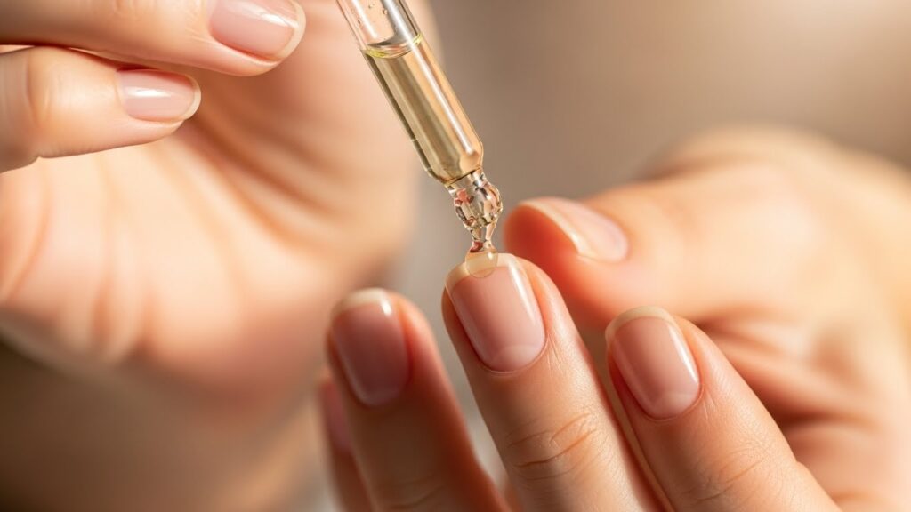 Aesthetic close-up of hands applying cuticle oil with a dropper, clean nails, soft natural light