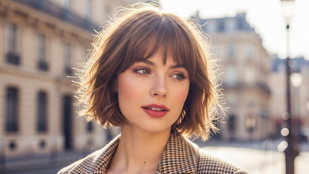 French girl short hairstyle with airy bangs.