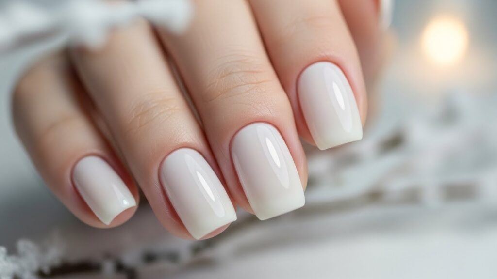 Milky white neutral winter nails with glossy finish