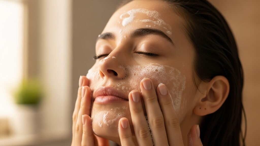 Close-up of a woman cleansing her face with gentle foam cleanser.