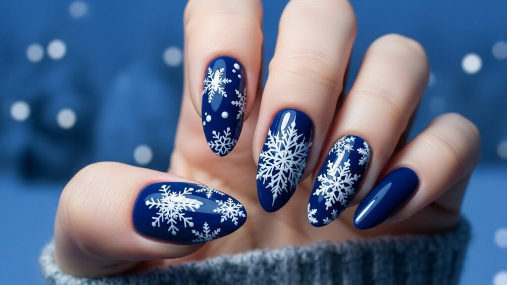 Navy blue Christmas nails with white snowflakes – elegant winter holiday design