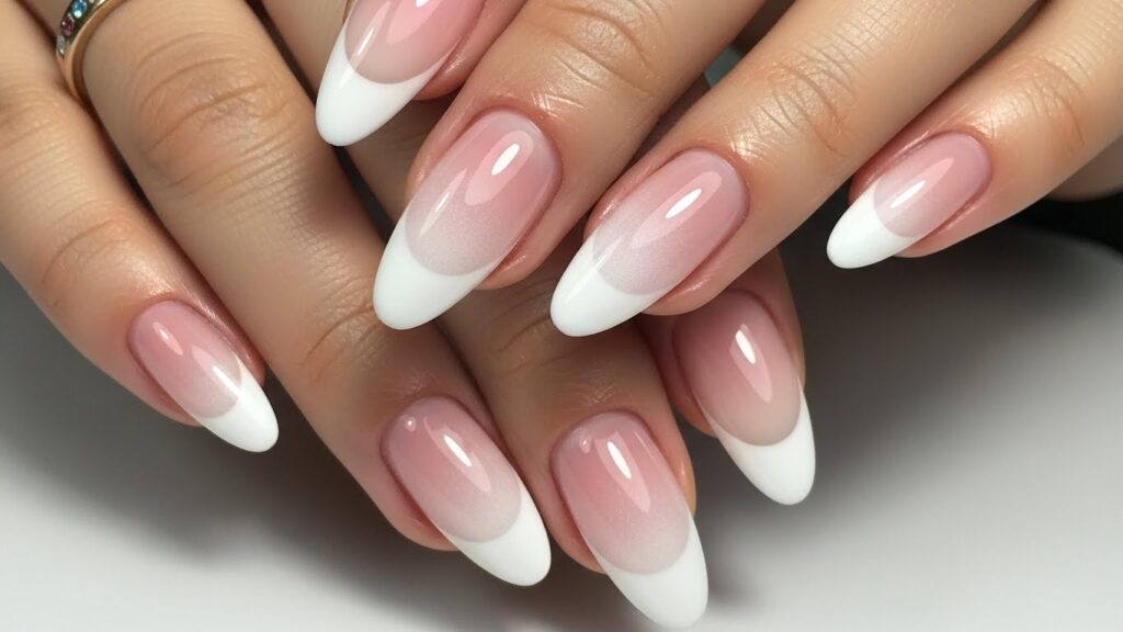 Ombre French tip nails with seamless soft gradient finish.