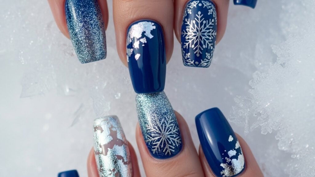 Winter blue acrylic nails with silver festive details