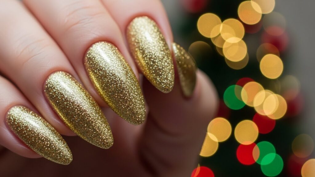 Gold glitter acrylic nails with festive sparkling finish