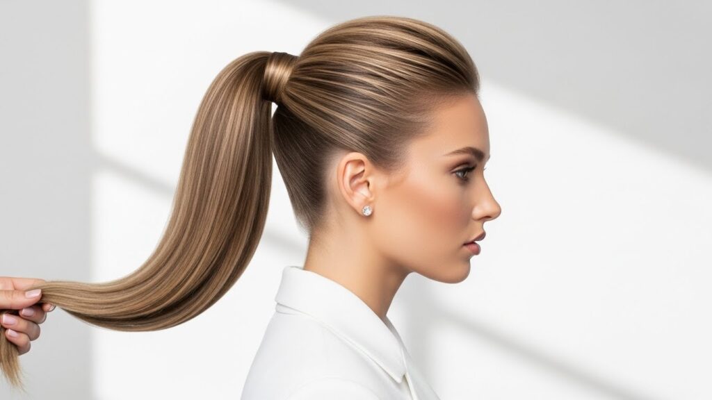 Woman with a sleek high ponytail and smooth glossy hair.