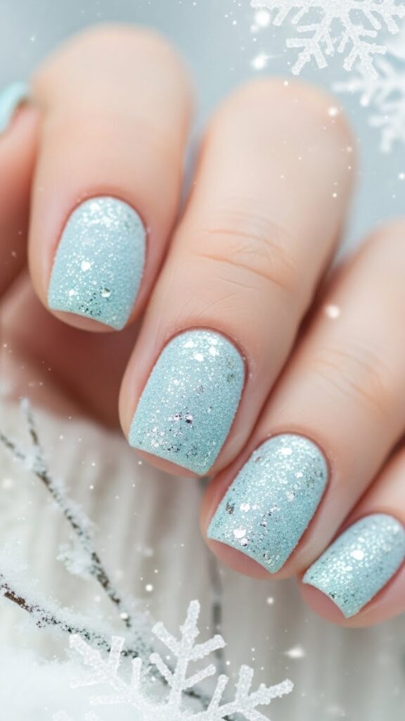 Light blue frosty Christmas nails with silver glitter – soft winter holiday manicure