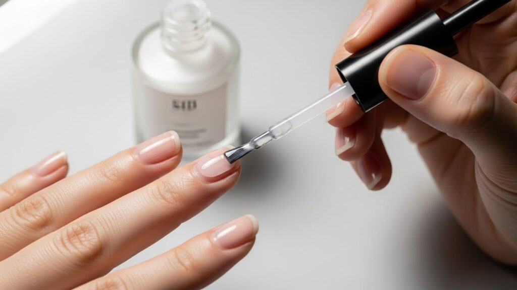 Applying clear base coat on natural nails