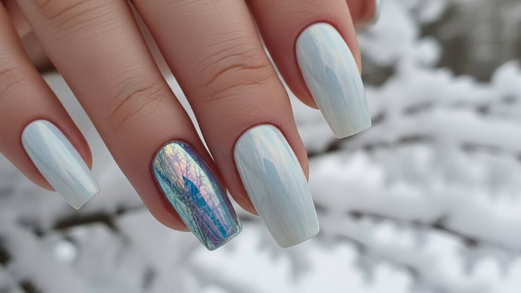 White chrome acrylic nails with icy Snow Queen shine