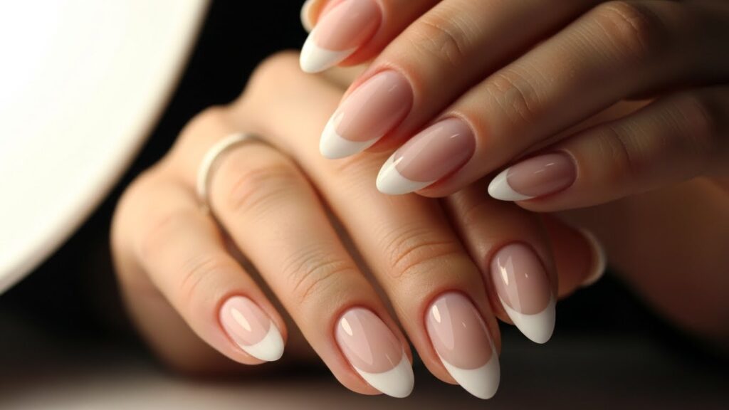 Classic white French tip nails on almond shape with clean and elegant design