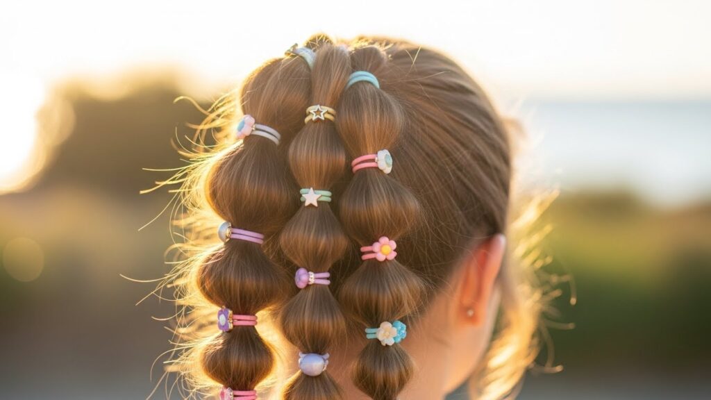 Woman with a bubble ponytail and cute spaced hair sections