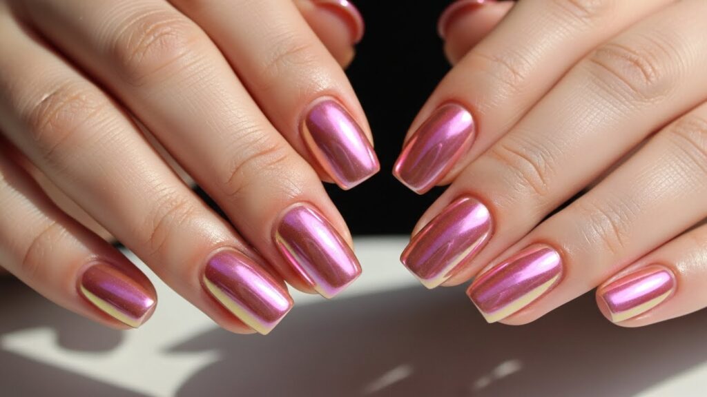 Pink chrome glazed nails with shiny pearly finish.