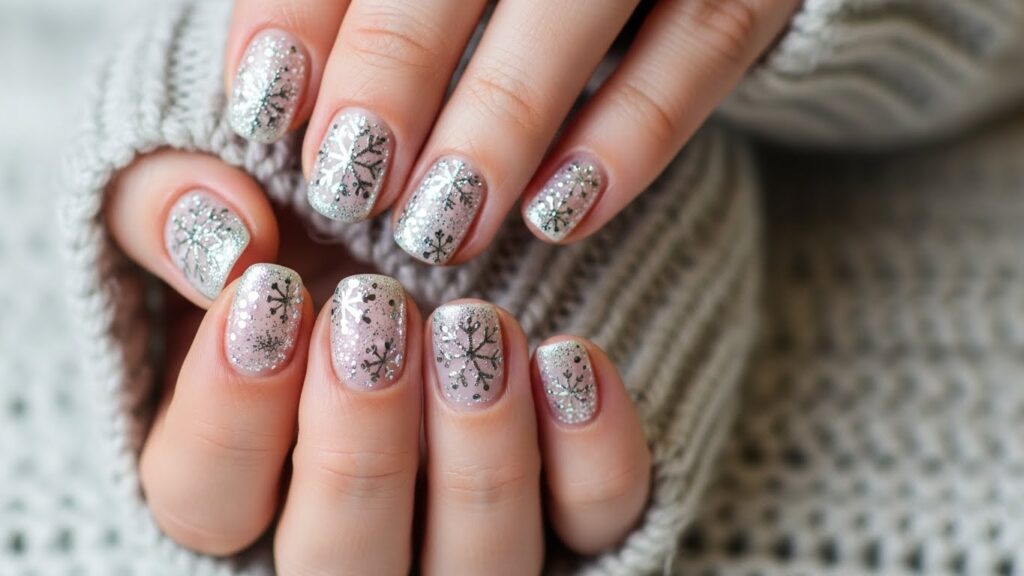 Close-up of silver glitter snowflake nails on a cozy winter sweater.