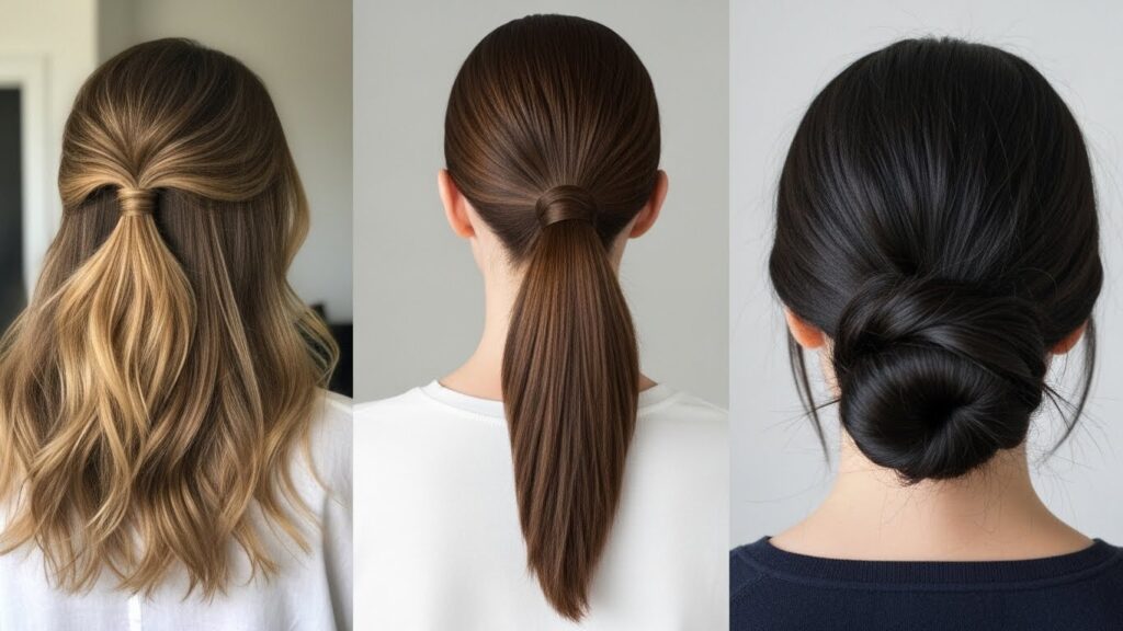 Quick low bun hairstyle for busy women, clean and elegant look.