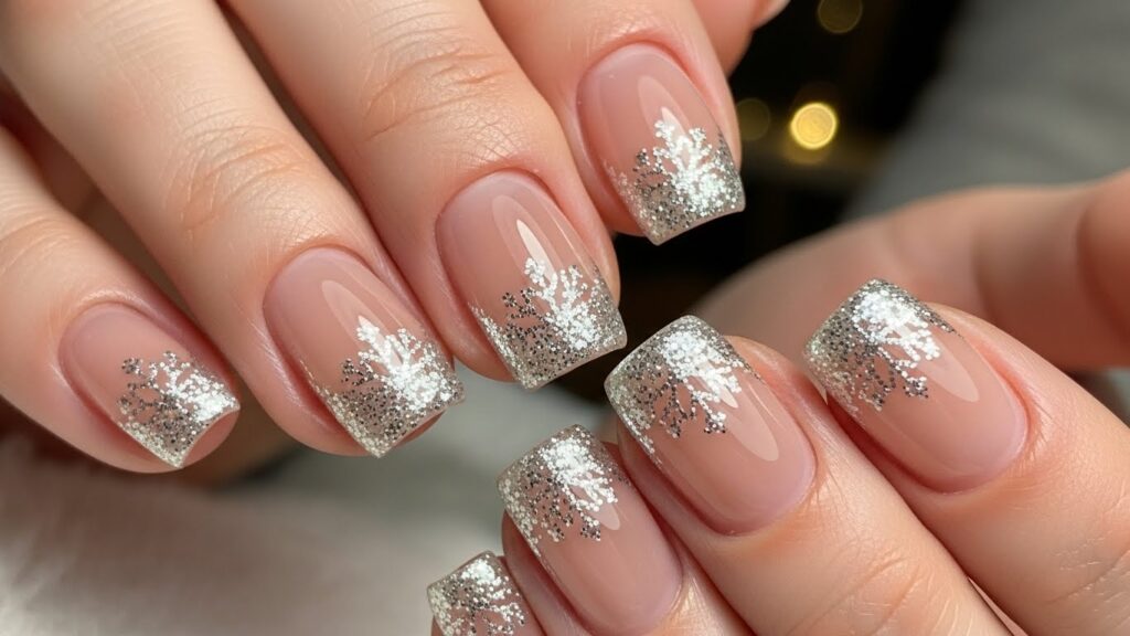 Nude nails with glitter snowflake French tips, soft minimal winter look.