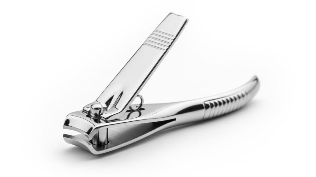 Stainless-steel nail clipper used for trimming nails.