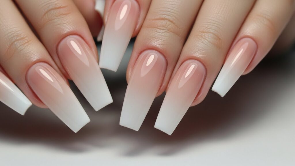 Coffin nail shape with tapered sides and a straight flat tip on long acrylic nails