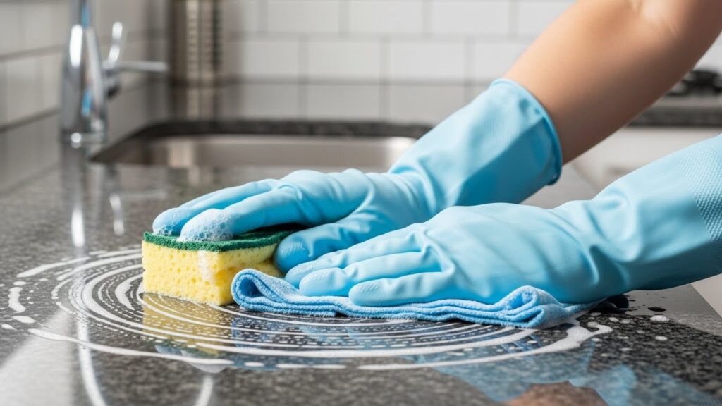 Hands wearing gloves while doing household chores, skincare protection concept.