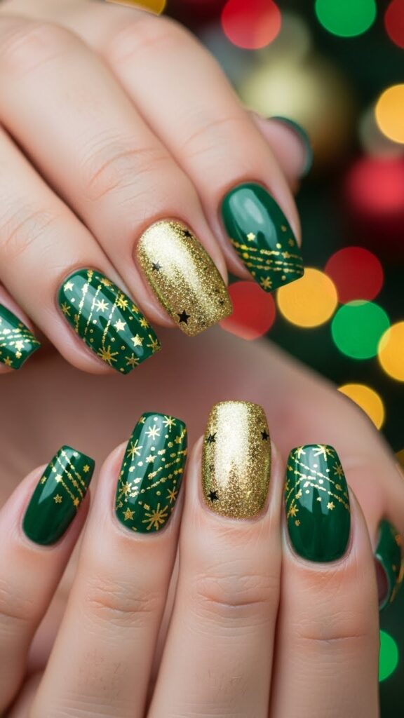 Green and gold Christmas nails with gold foil details