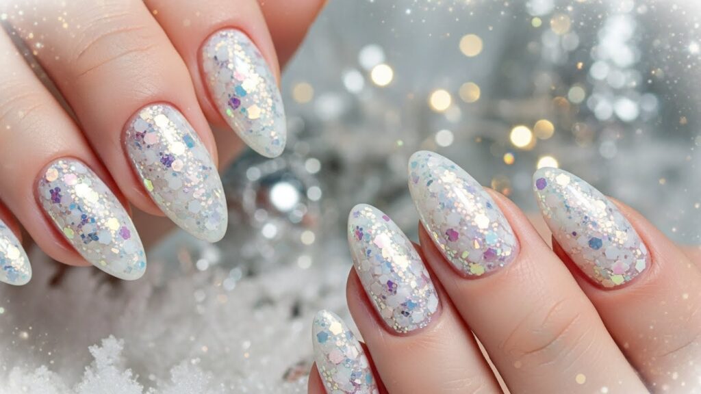 White confetti glitter Christmas nails with a snowy sparkling effect.