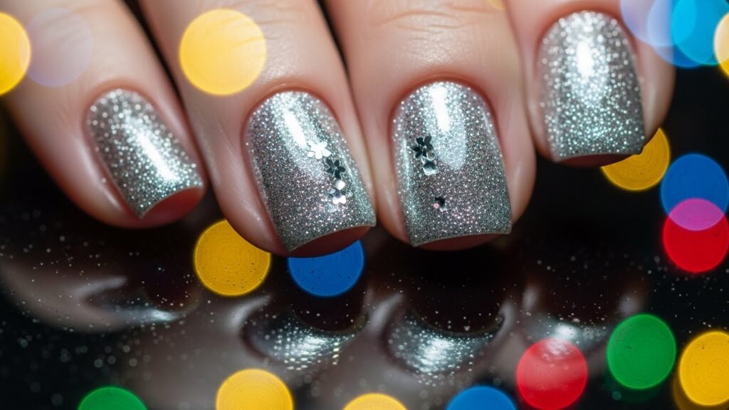 Short silver glitter nails with bright metallic sparkle.