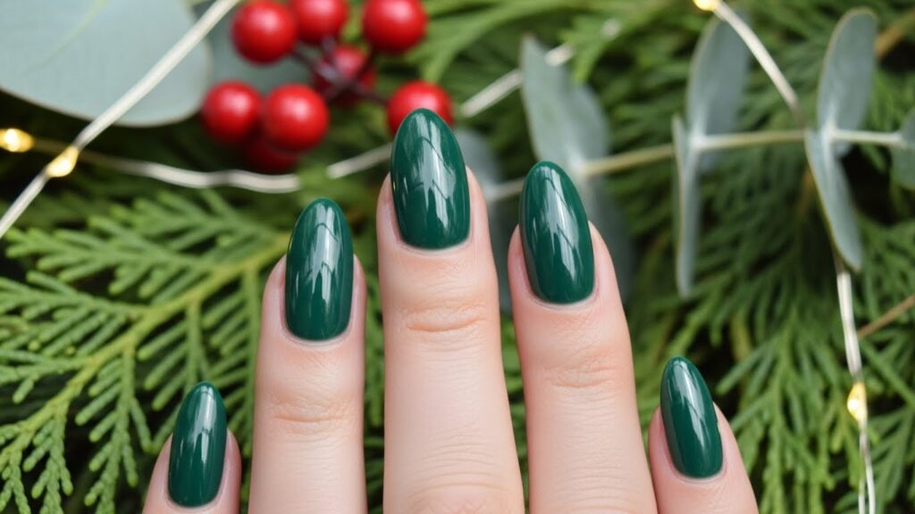 Short forest green Christmas nails with rich winter color.