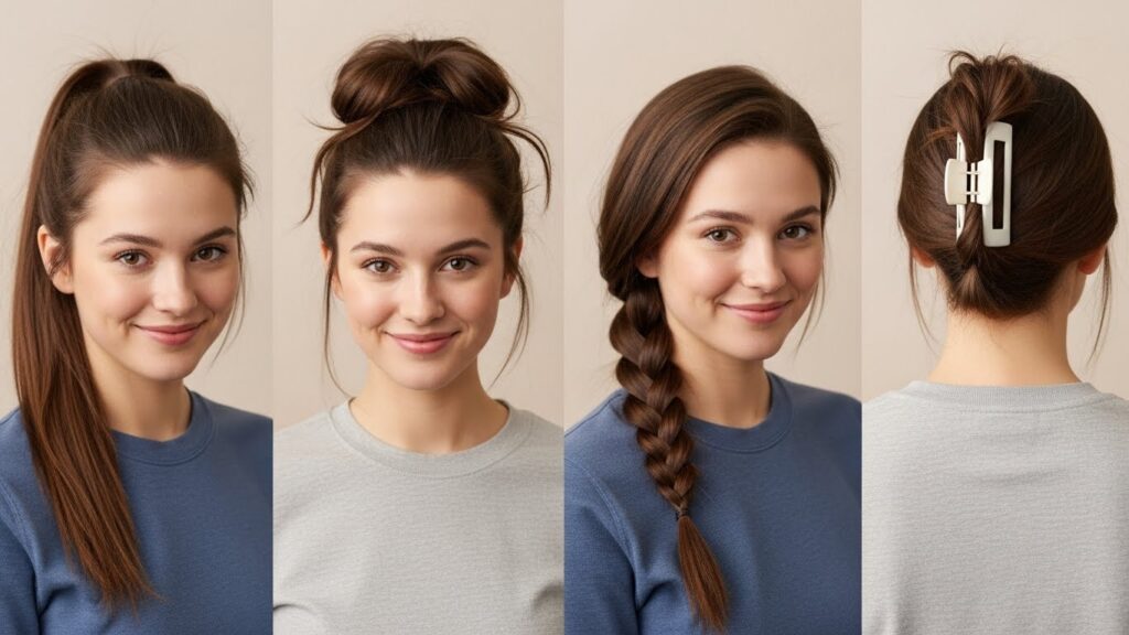 Girl with simple everyday hairstyles including ponytail, messy bun, braid, and claw clip updo.
