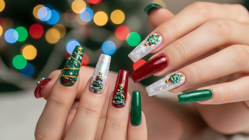 Christmas acrylic nails with small decorated Christmas tree accent.