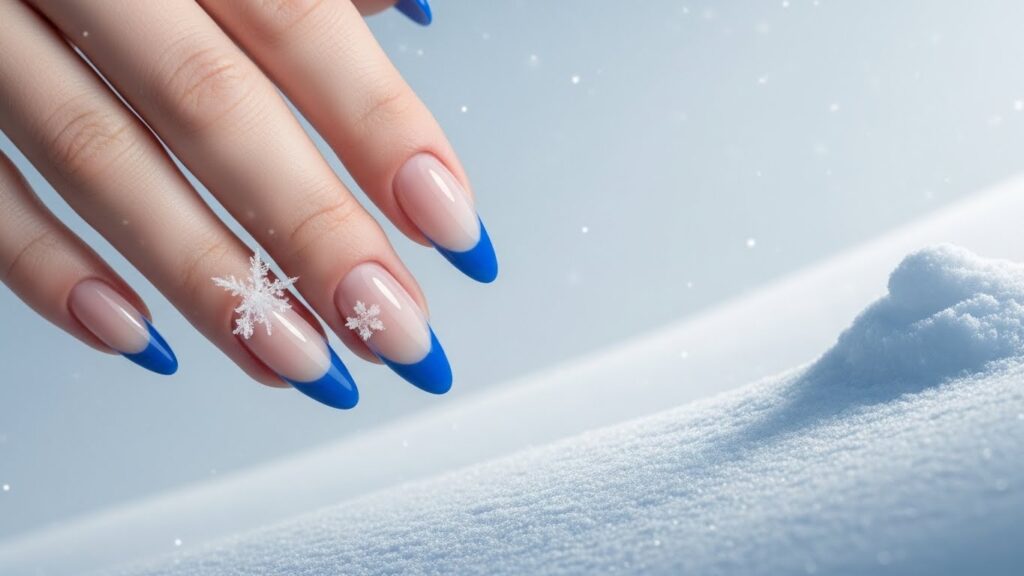 Royal blue French tip Christmas nails – elegant festive manicure style
