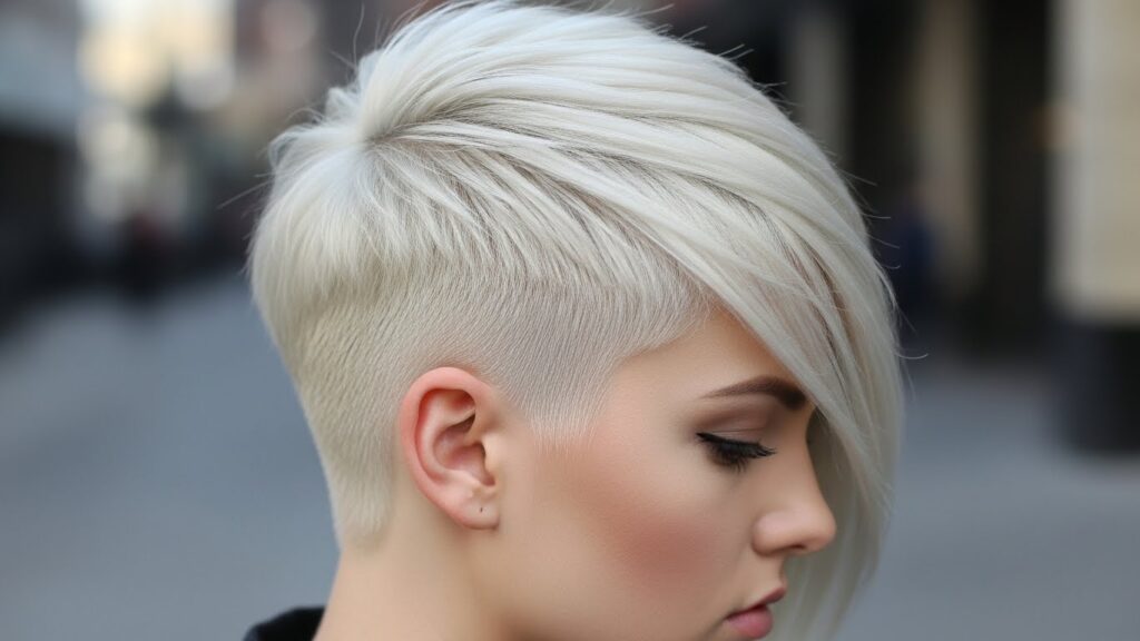 Asymmetrical short haircut with edgy angle.