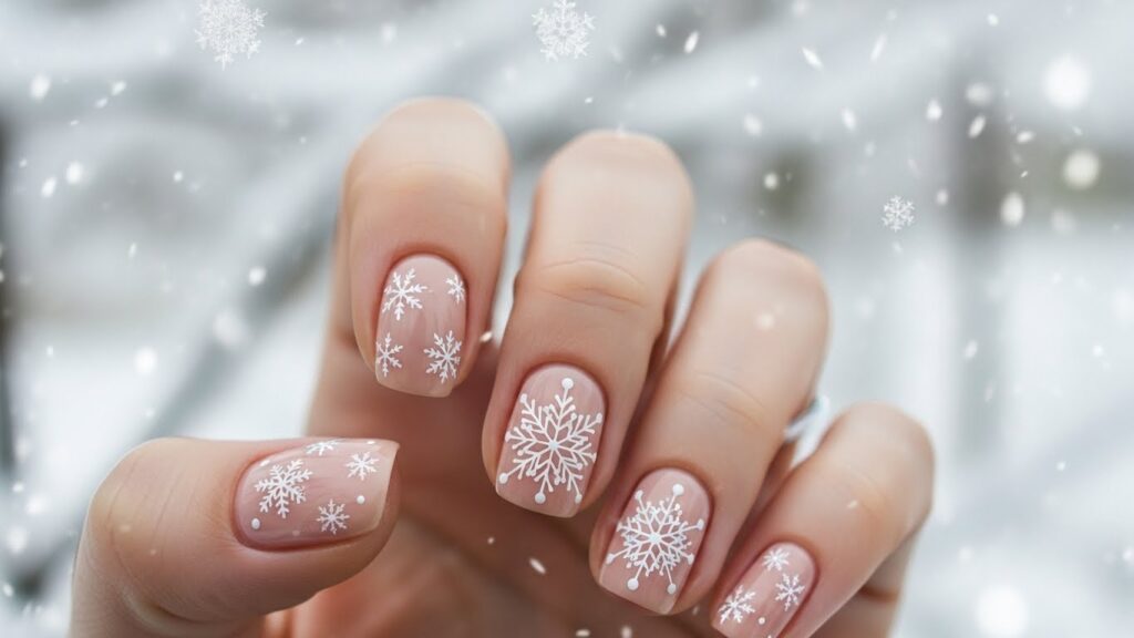 Short nude nails with delicate white snowflake designs.