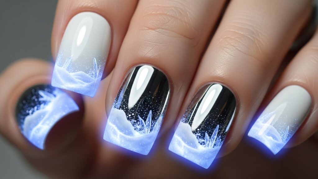 Short white chrome winter nails with pearly frozen shine.