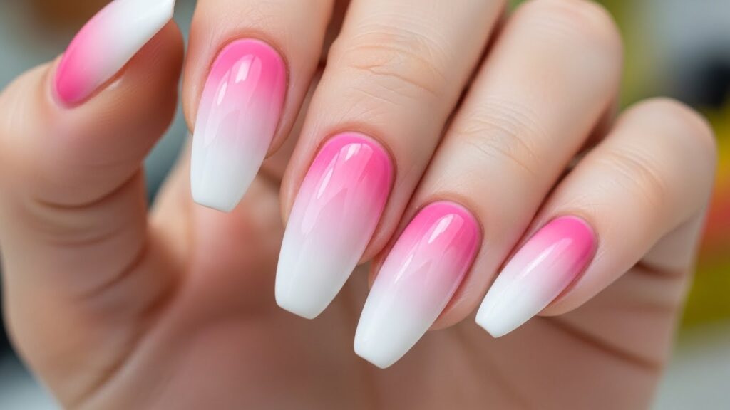 Pink ombre nails with smooth gradient from pink to white.