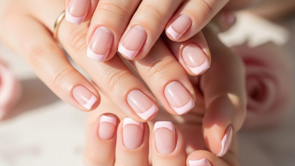 Baby pink French tip nails with soft feminine design.