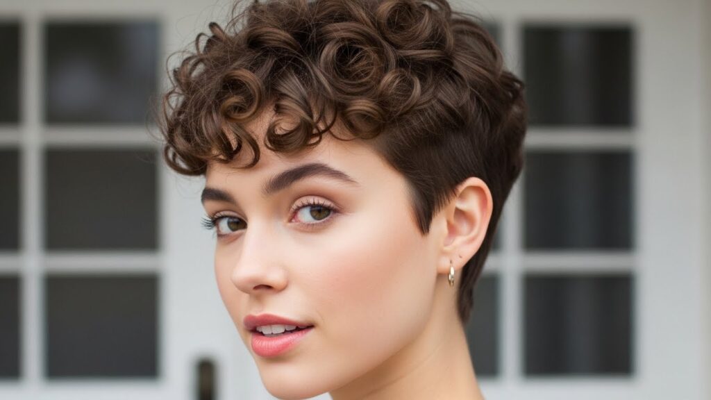 Curly pixie cut with natural curls.