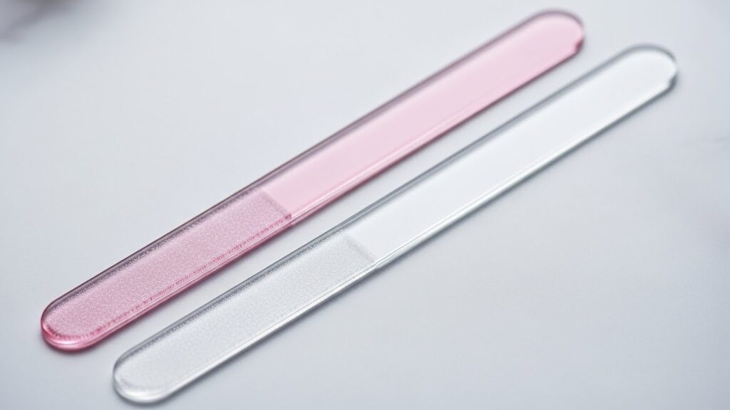 Clear glass nail file placed on a soft background.