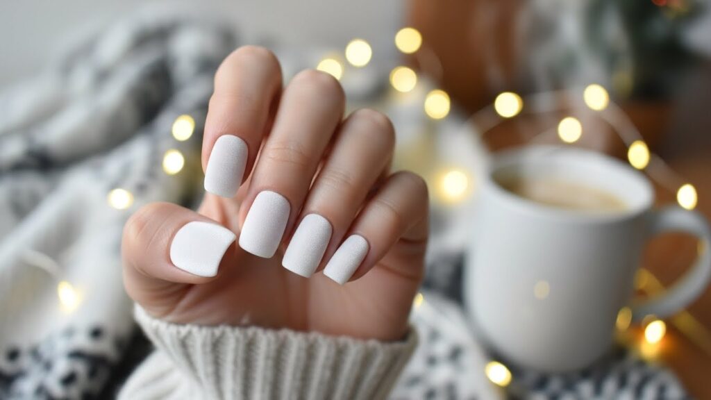 White velvet Christmas nails with a soft fuzzy snow-like shine.