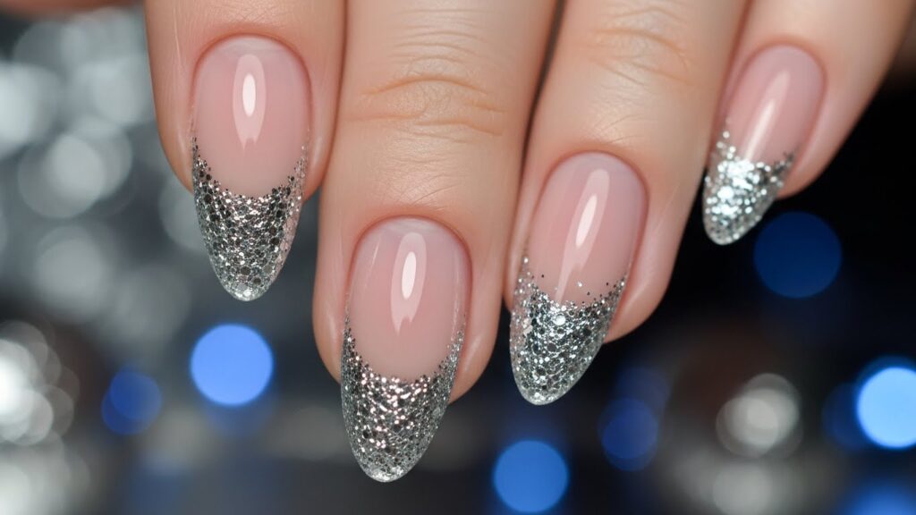 Silver glitter French tip nails with sparkly elegant finish.