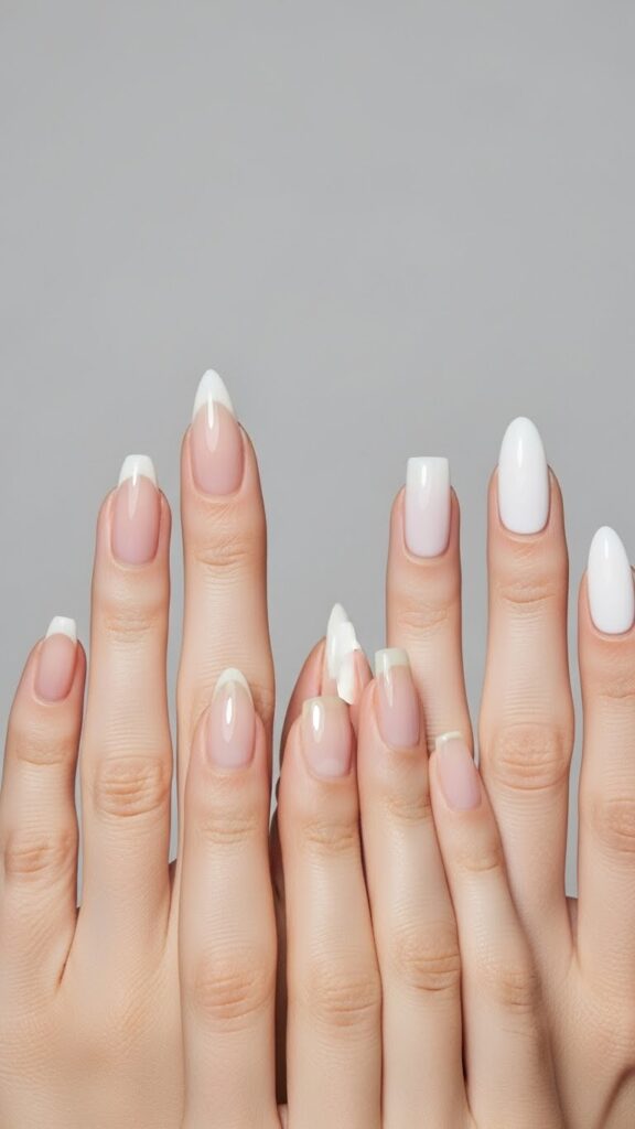 Hand comparison showing different nail shapes for short, long, wide, and slender fingers