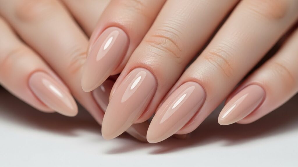 Almond nail shape with softly tapered sides and rounded tips