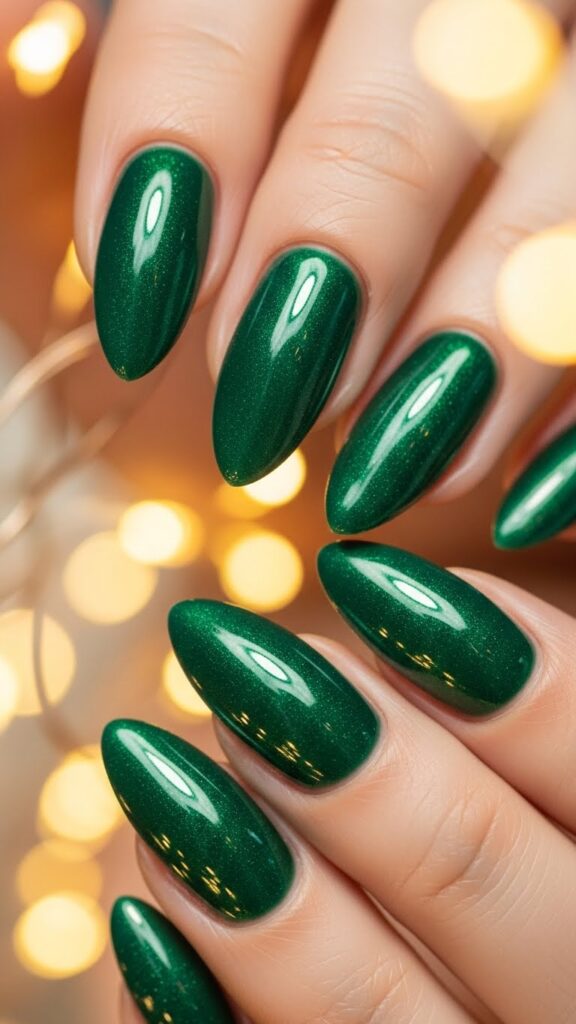 Emerald green glossy Christmas nails with festive golden lights.
