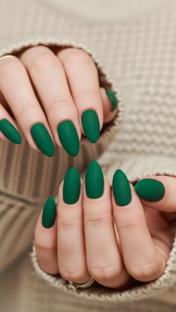 Matte forest green nails with winter sweater background