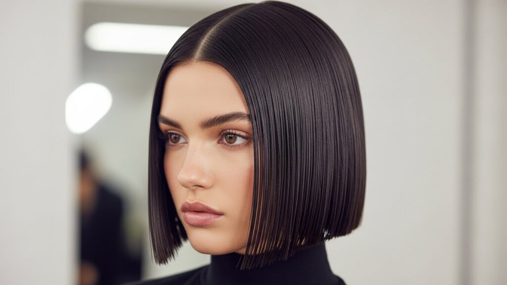 Sleek short bob with middle part.