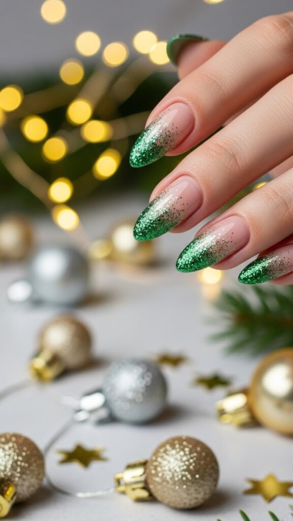 Green glitter ombré Christmas nails.
