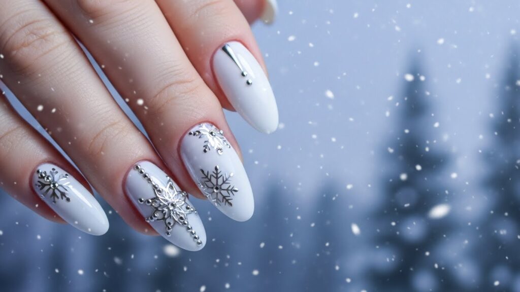 White gel nails with snowflake nail art in winter theme.