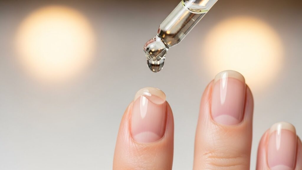 Woman applying cuticle oil on natural nails.