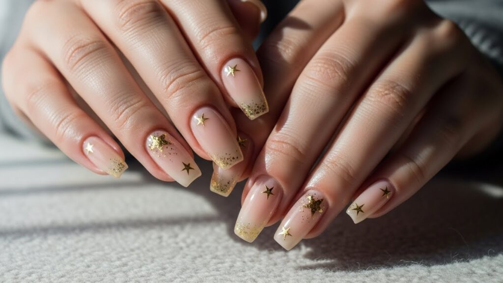 Nude acrylic Christmas nails with small gold star accents.