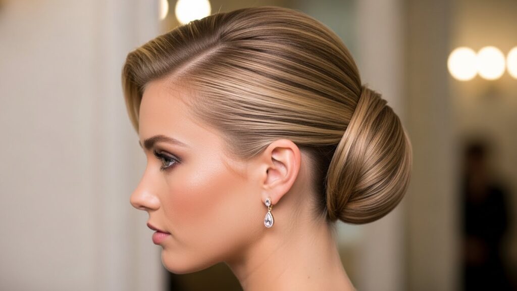 Elegant low bun with a side part, sleek and minimal.