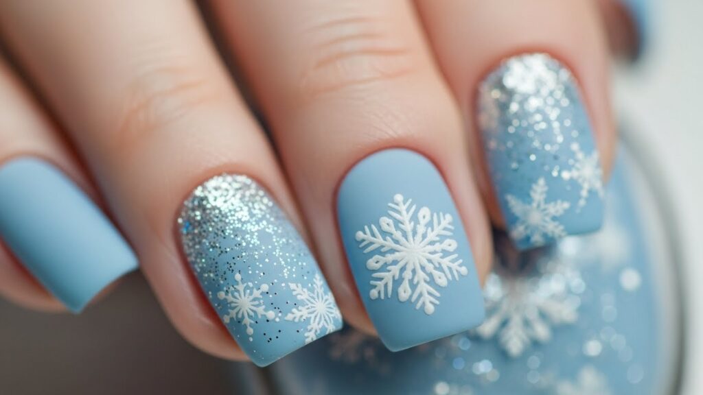 Blue nails with white snowflake artwork and silver glitter details.