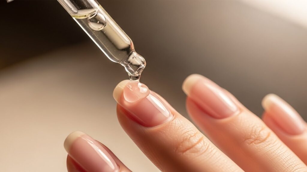 Dropper applying oil on healthy natural nails