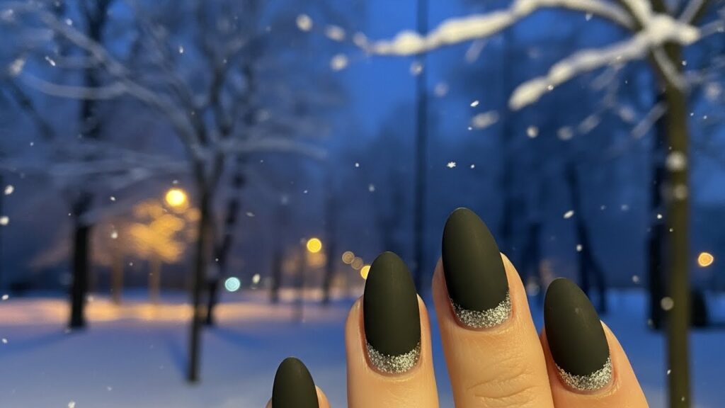 Short black and silver winter nails with modern festive design.